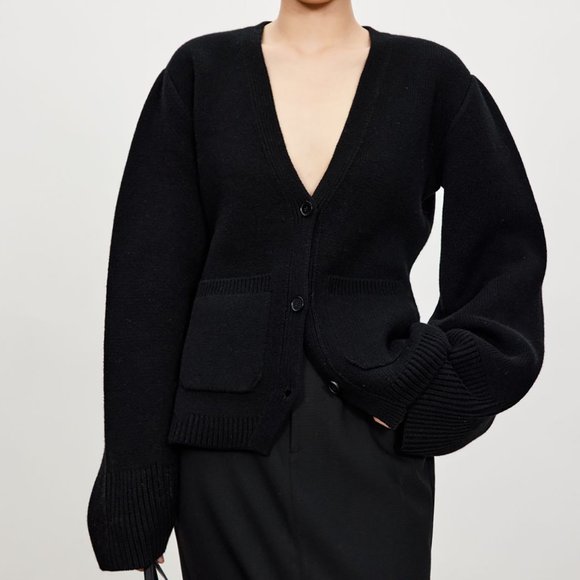 CHICJOC Scarlet Style Cashmere Cardigan Deep V-neck black size 38 - Picture 2 of 15